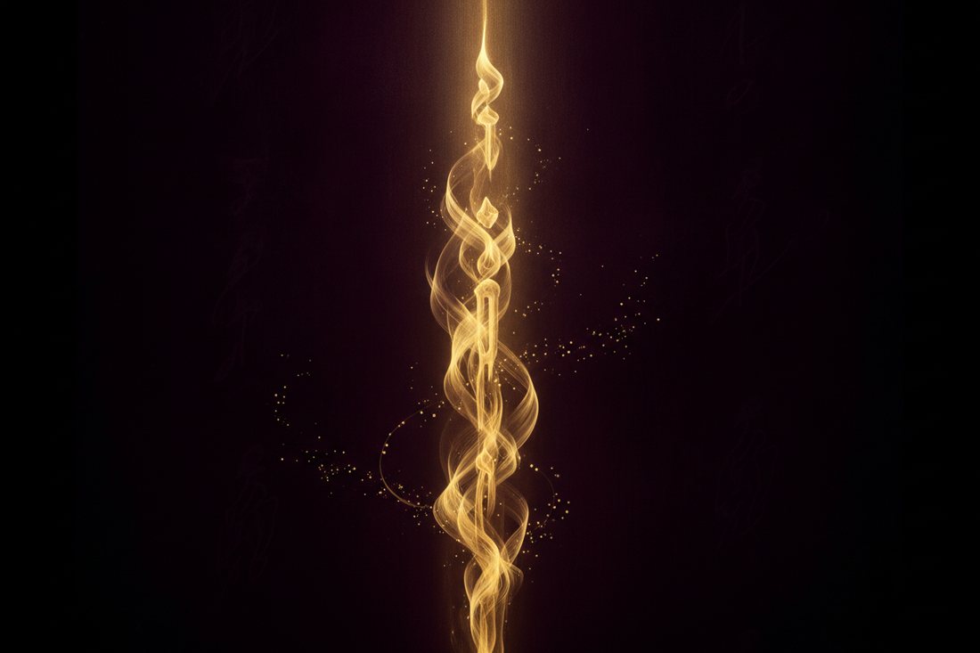 A calm column of gold light grounded against deep aubergine