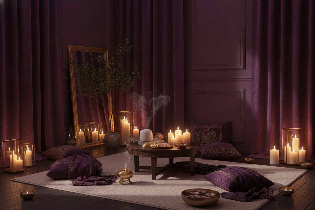 A serene, candle-lit sanctuary in deep plum and gold