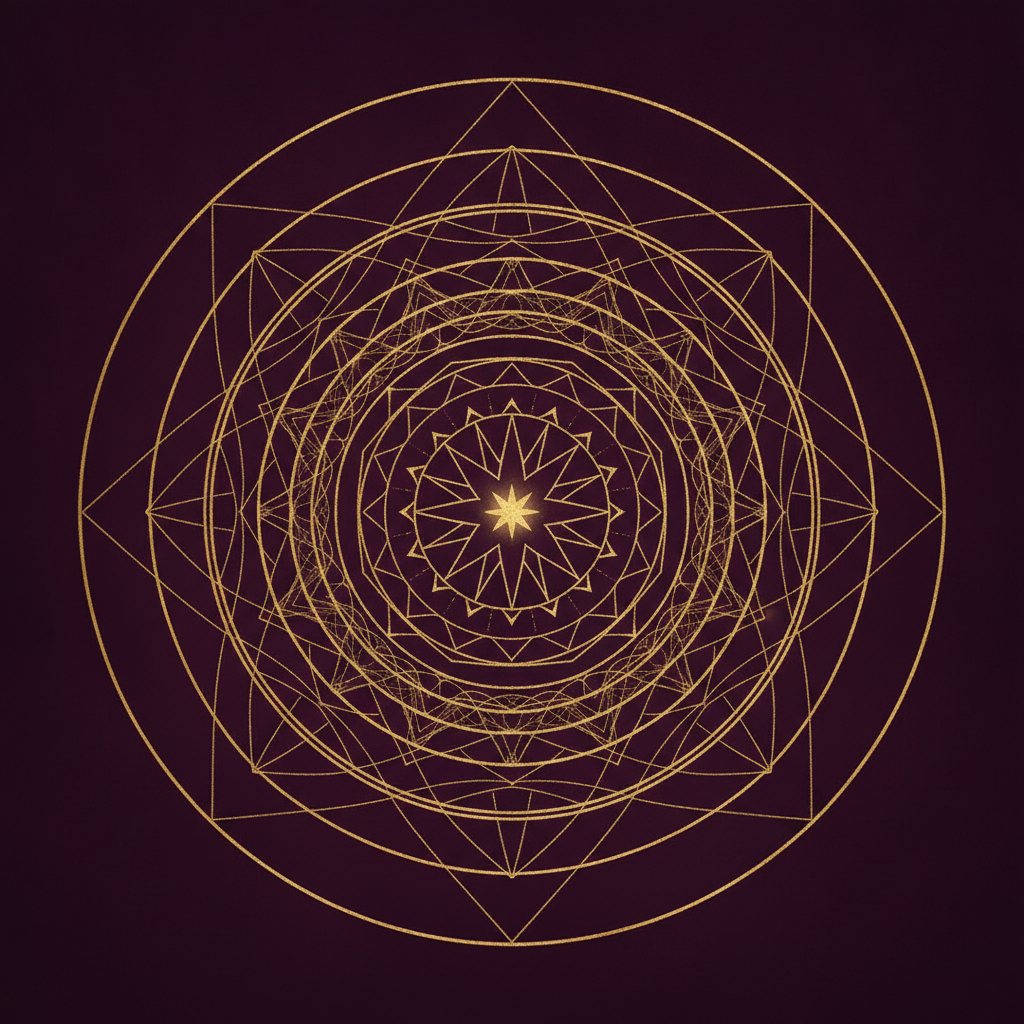 A Soul Plan chart rendered as gold sacred geometry on deep plum